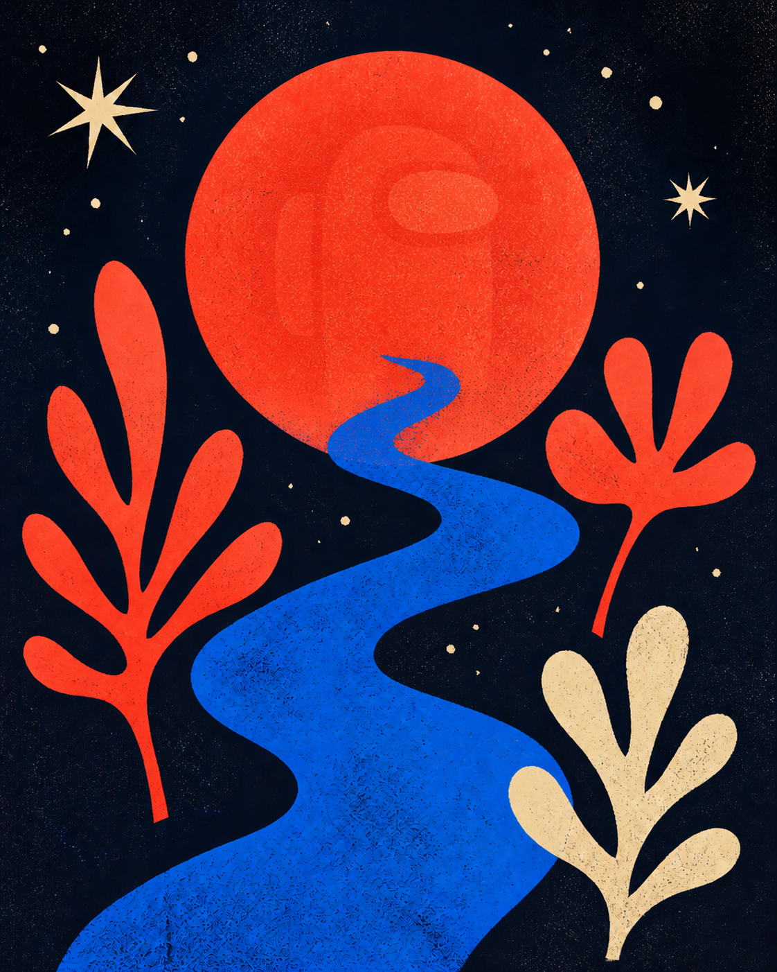 Original abstract concert-poster reference with a coral moon, a subtle space-crewmate silhouette, a blue river, and botanical shapes.